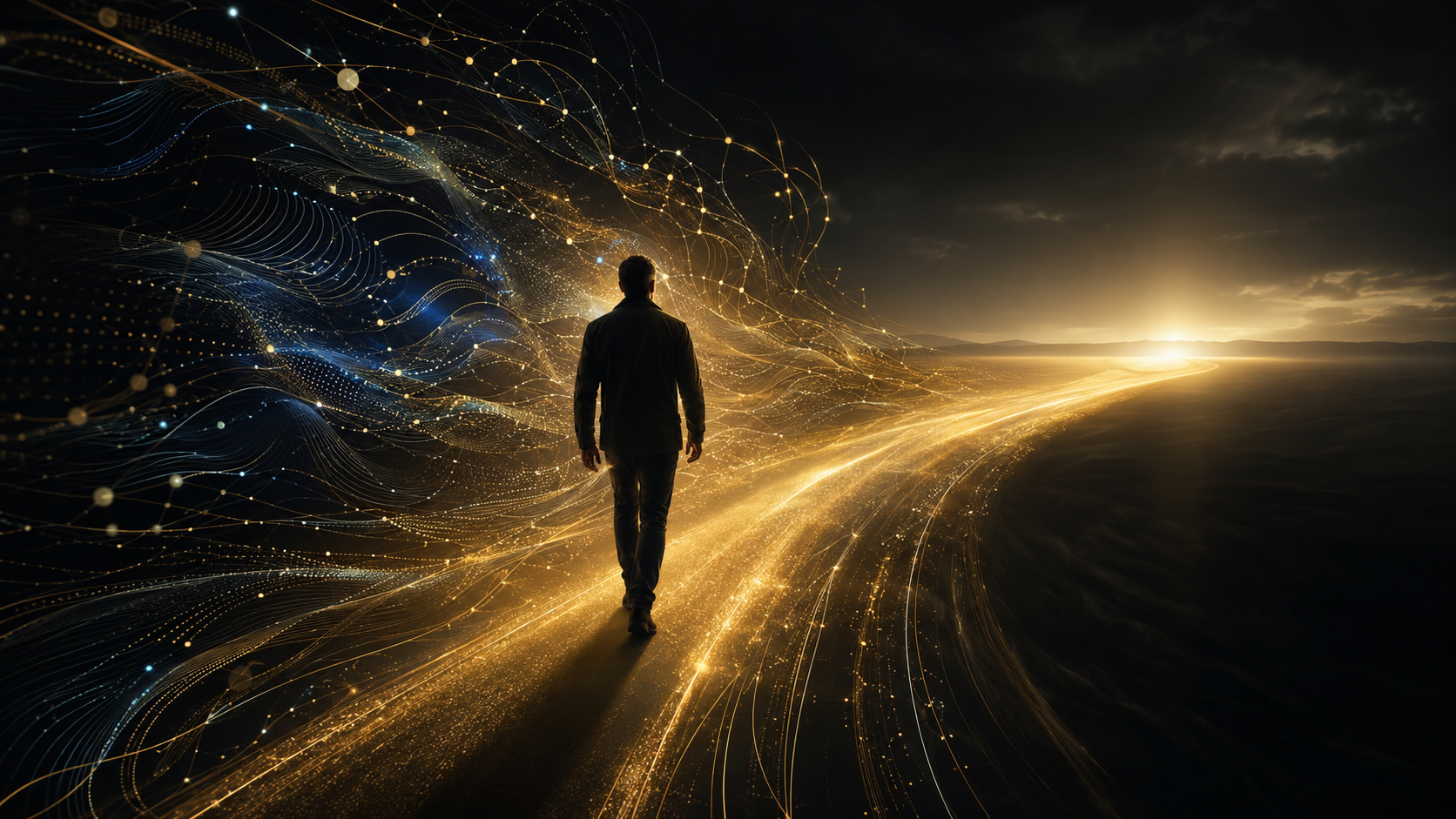 A person following a gold path shaped by connected intelligence