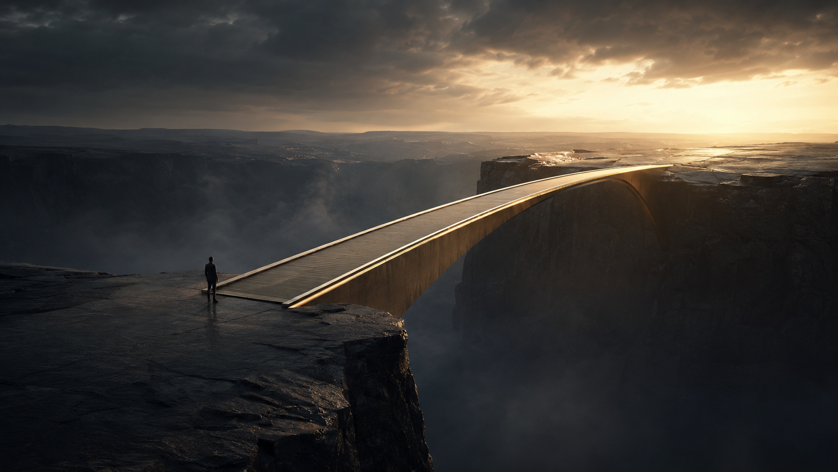 A gold bridge crossing a dark chasm toward light